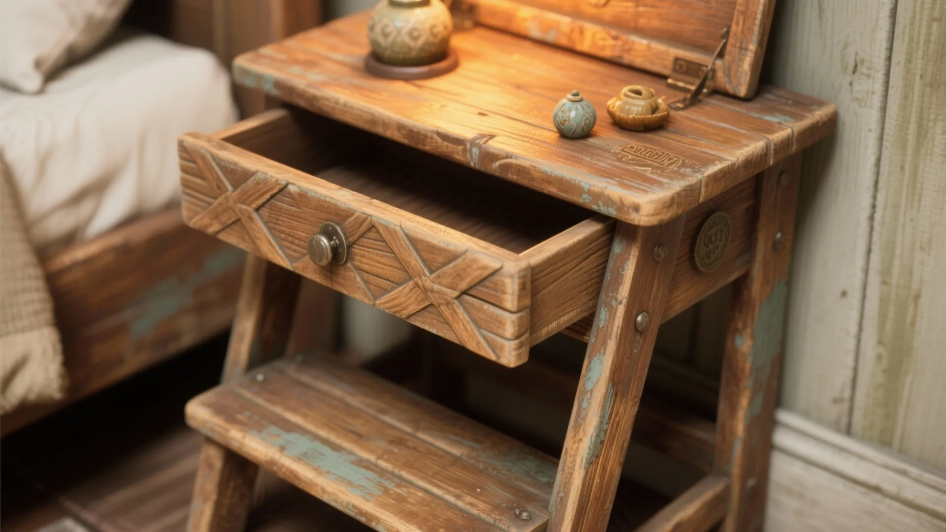 Close-up of a wooden step-stool bedside table with lift-top storage showing grain and joints.