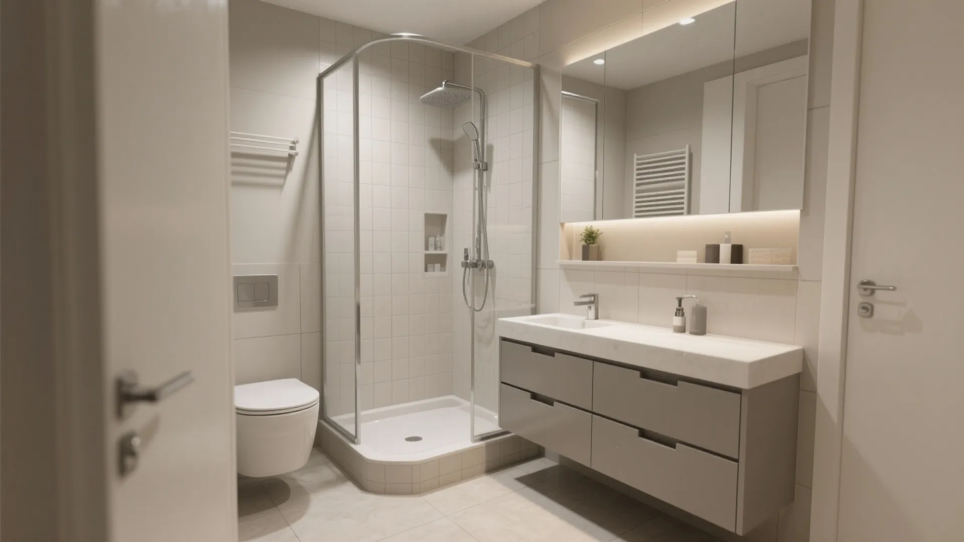 Modern bathroom interior design drawing with glass shower cabin grey vanity and large wall mirror