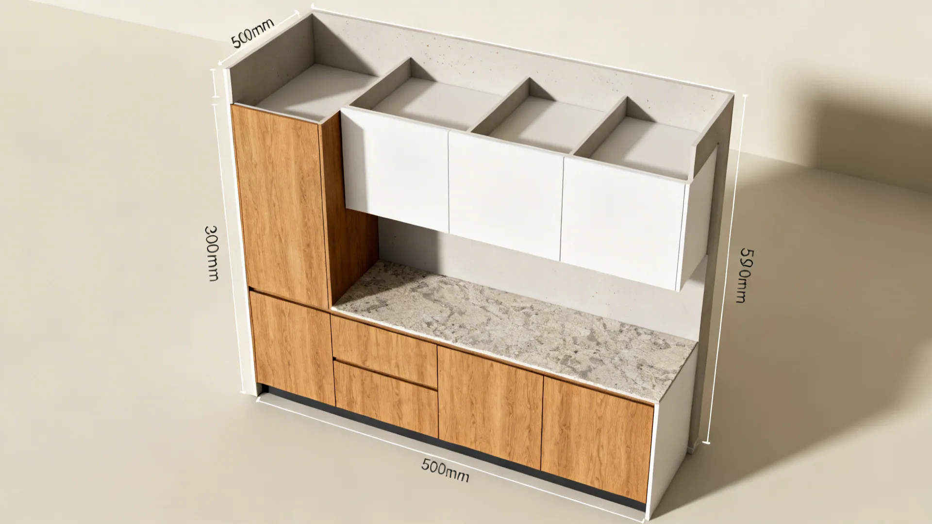 Top-down view of a compact kitchen plan with full-height cabinets and shallower stepped-back uppers.