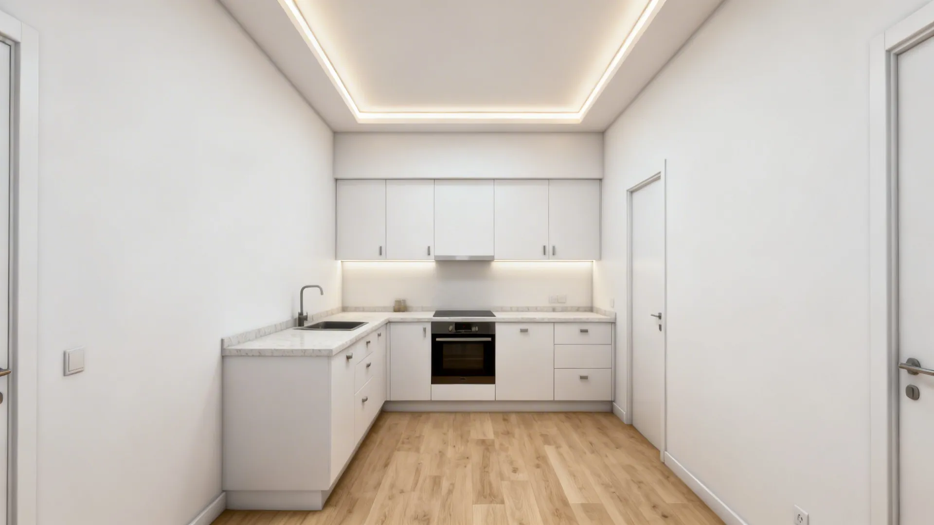 Small modern kitchen with a slim POP stepped border and hidden cove LEDs casting warm-neutral light.