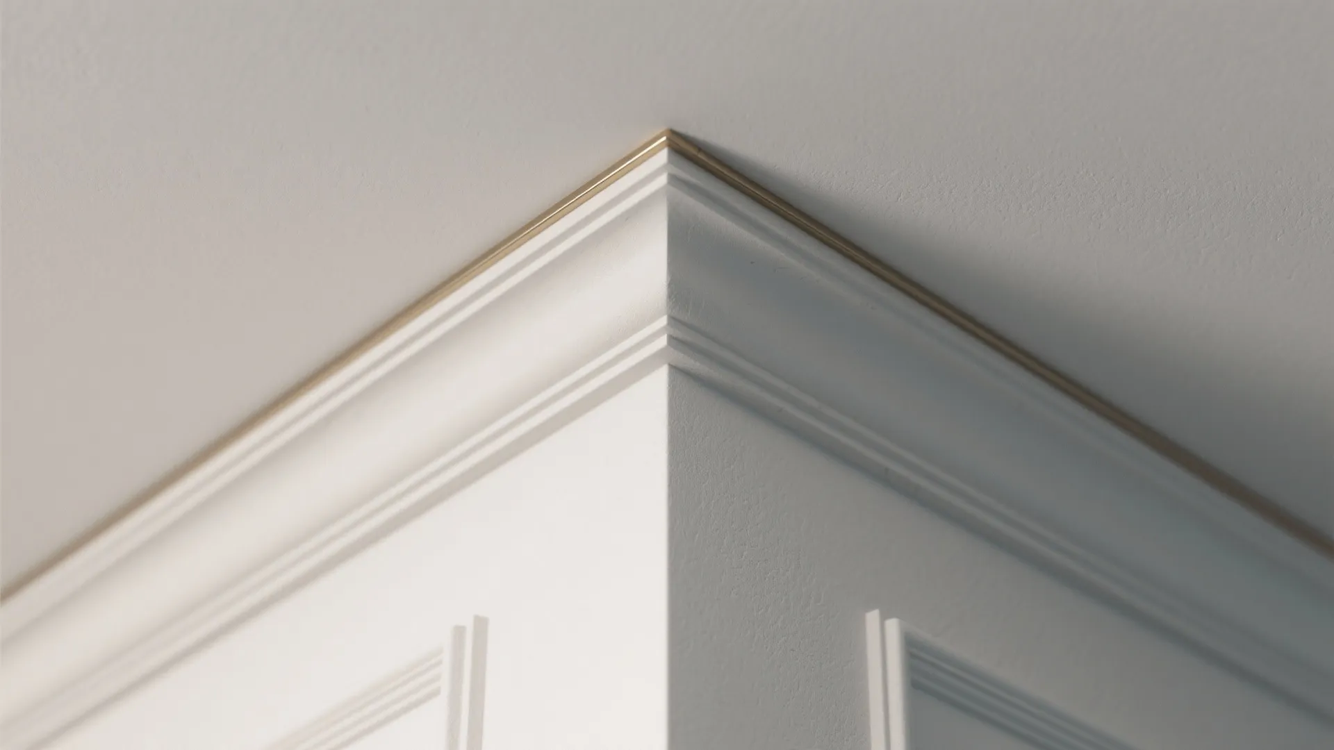 Close up of white wall panel and ceiling molding with a thin gold metal decorative edge