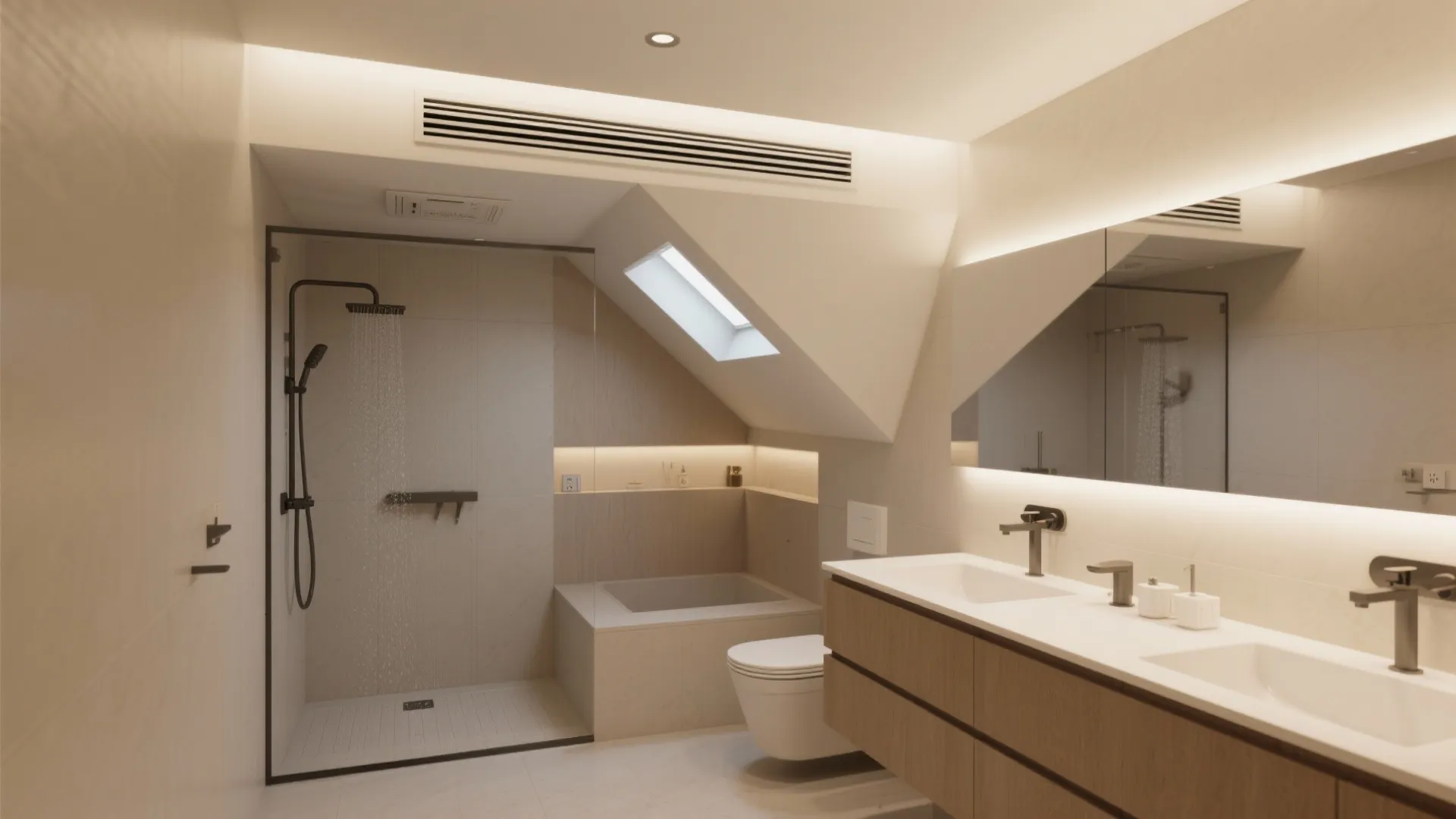 Modern bathroom interior design drawing with shower and double sink cabinet under a roof window