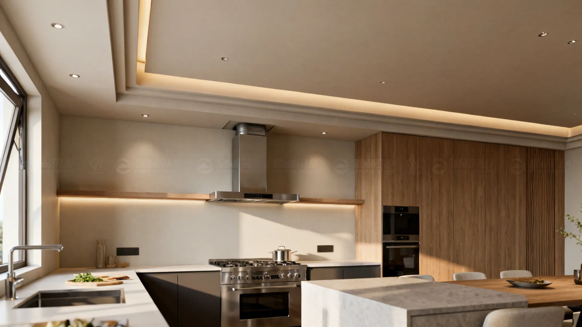 Open kitchen with a subtle stepped gypsum ceiling that frames the cook zone and separates prep areas.