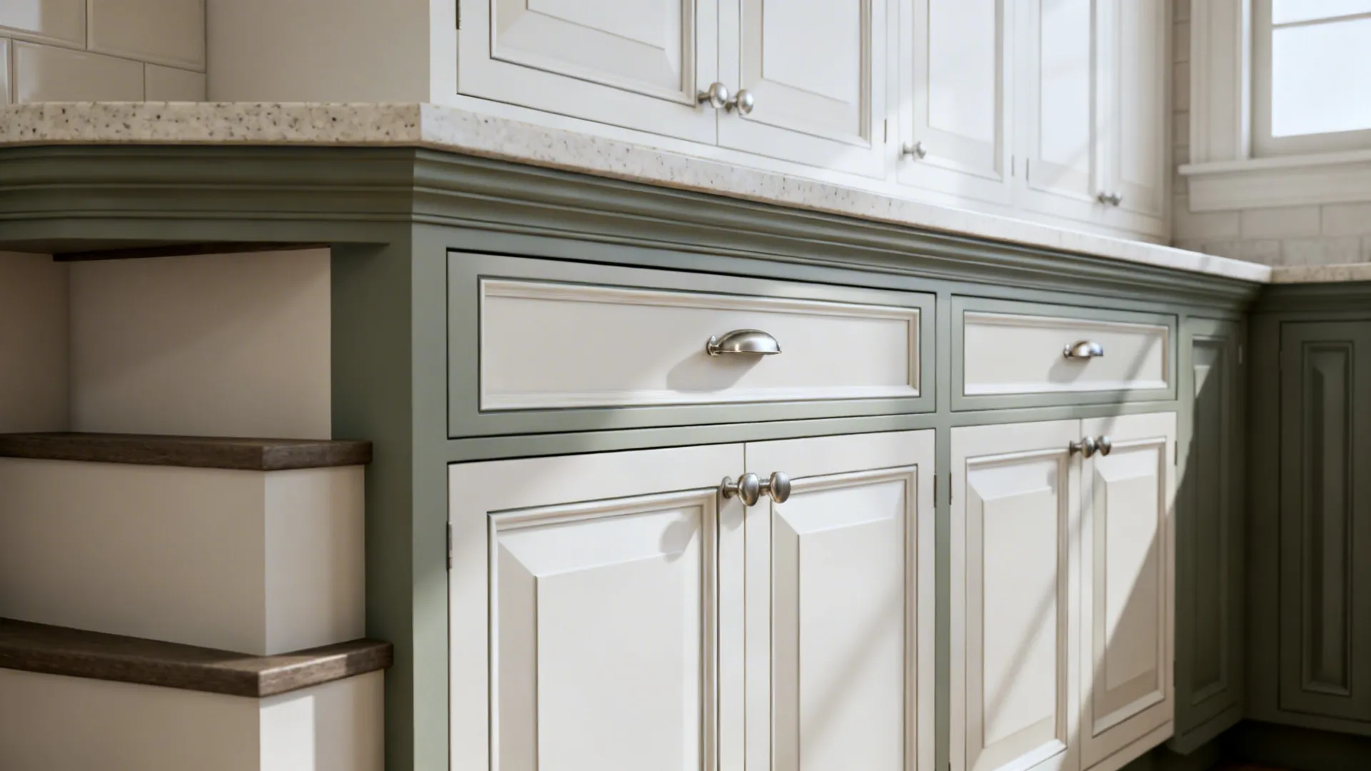 Transitional kitchen with stepped crown molding that mirrors Shaker door rails.