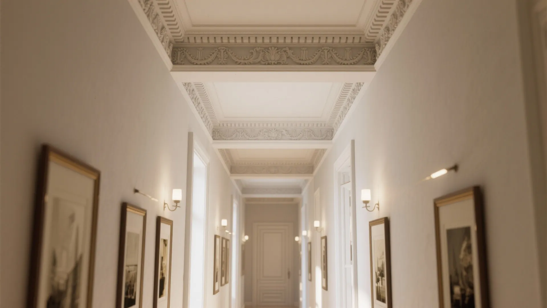 Classic long hallway with decorative white ceiling designs wall art lights and a white door