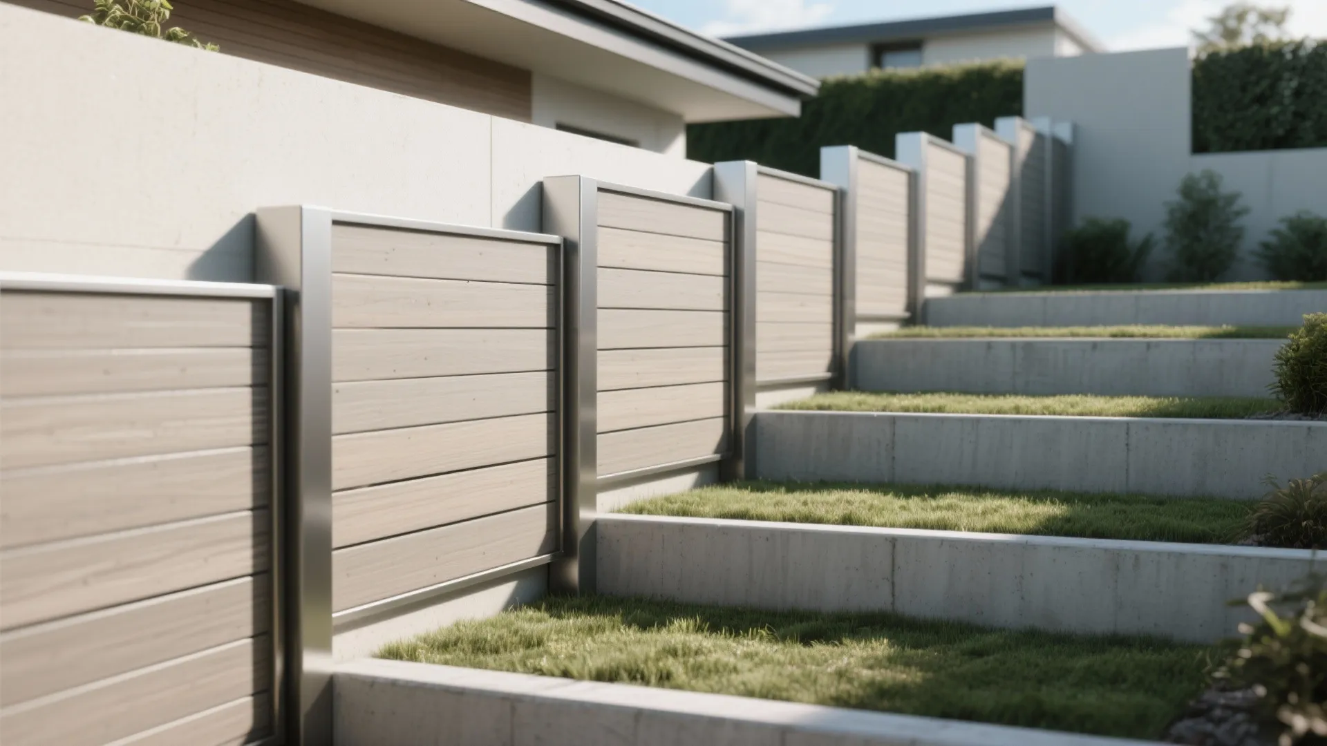 Stepped privacy panels that follow the grade