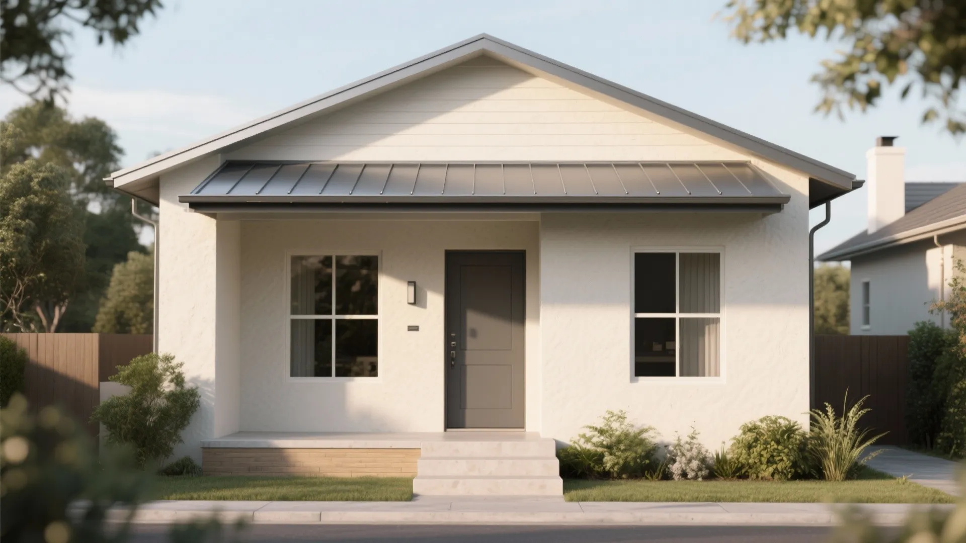 Small white house exterior with grey metal porch roof two windows and green plants outside