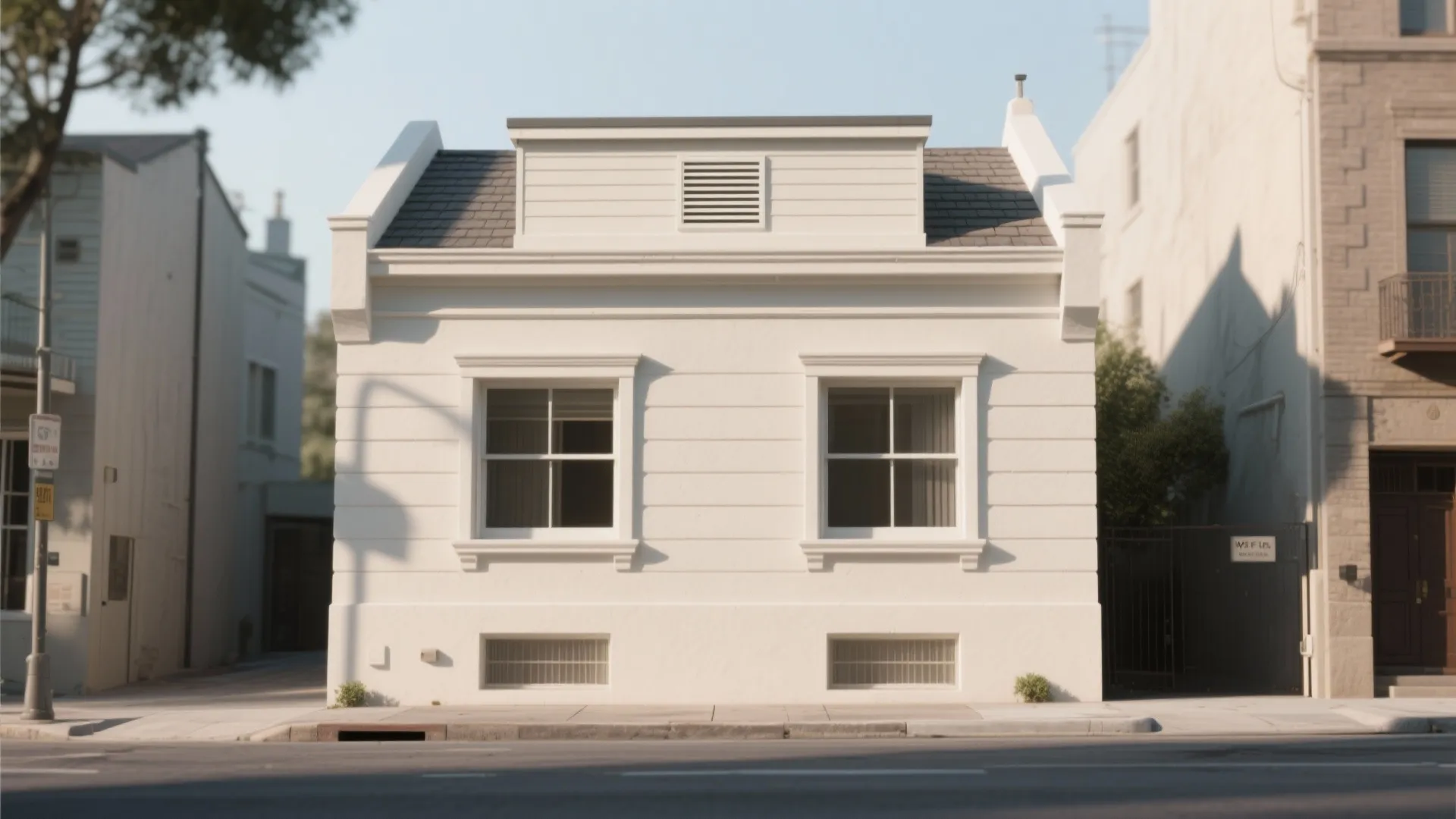 Small white house with two windows and a unique roof design located on a street