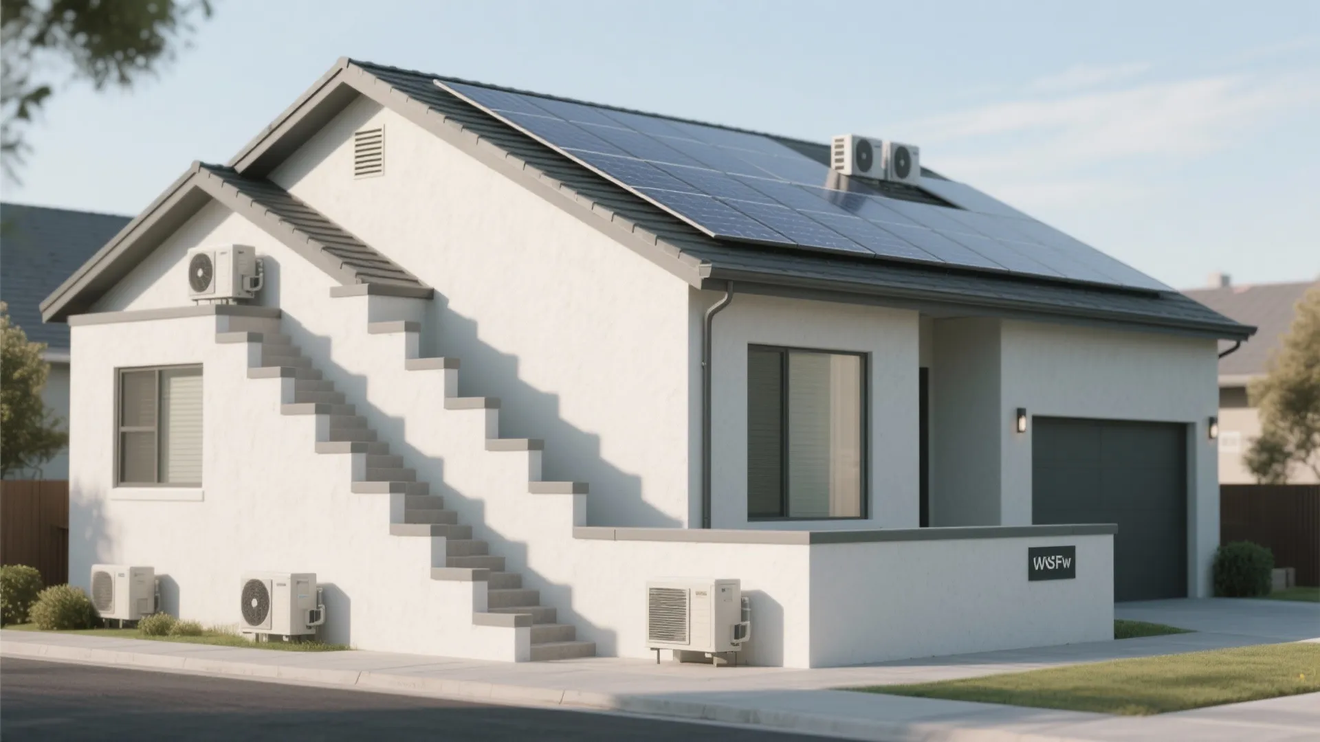 Exterior view of white house with outdoor stairs solar panels on roof and air conditioning units