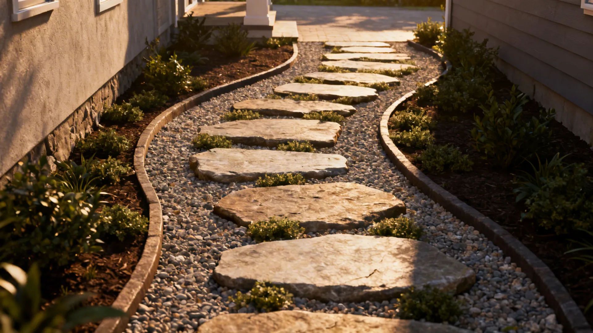 Stepping-stone path with gravel and groundcover that visually expands a narrow front yard.