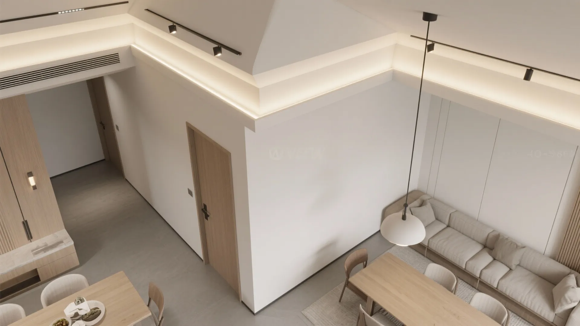 Modern open plan living area with dining table sofa track lighting and white wall panels
