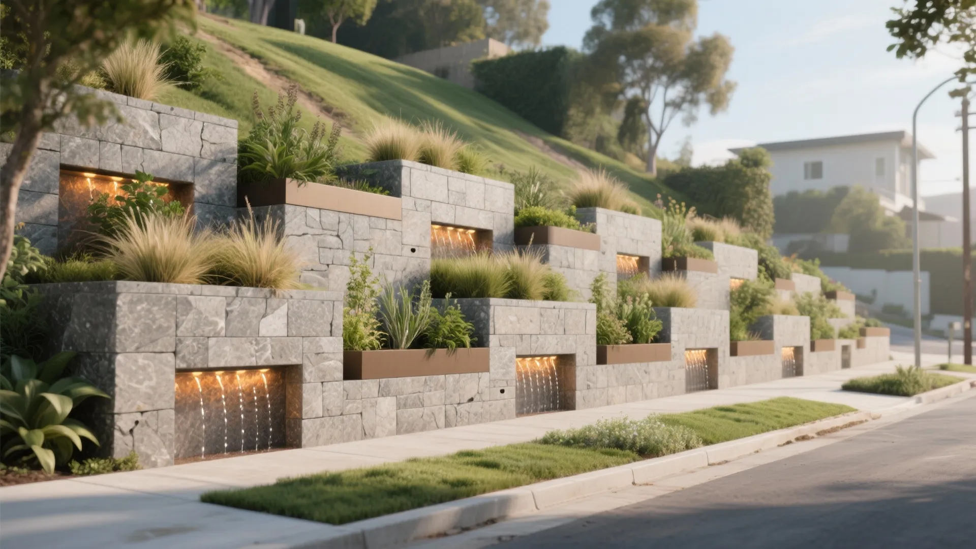 Stepped stone planters on a hillside with integrated water features and lights next to a sidewalk