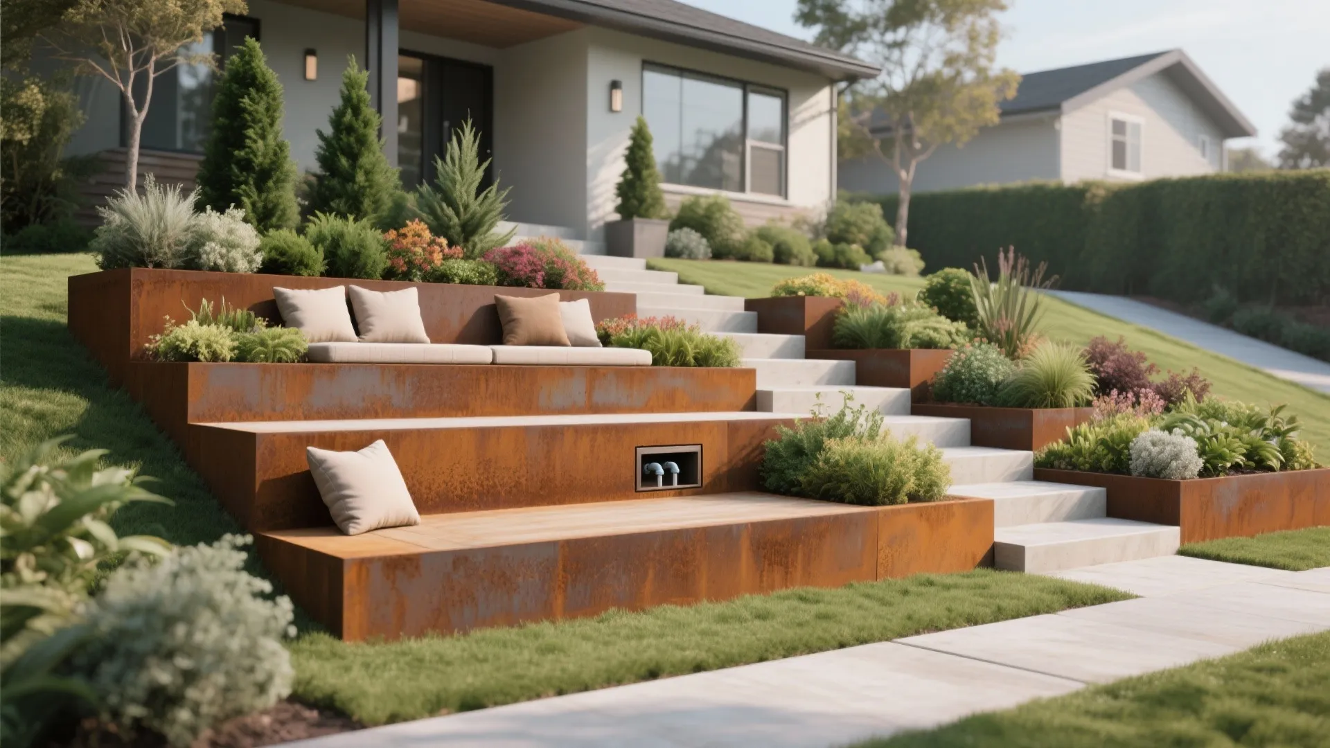 2. Stepped Planters That Double as Seating