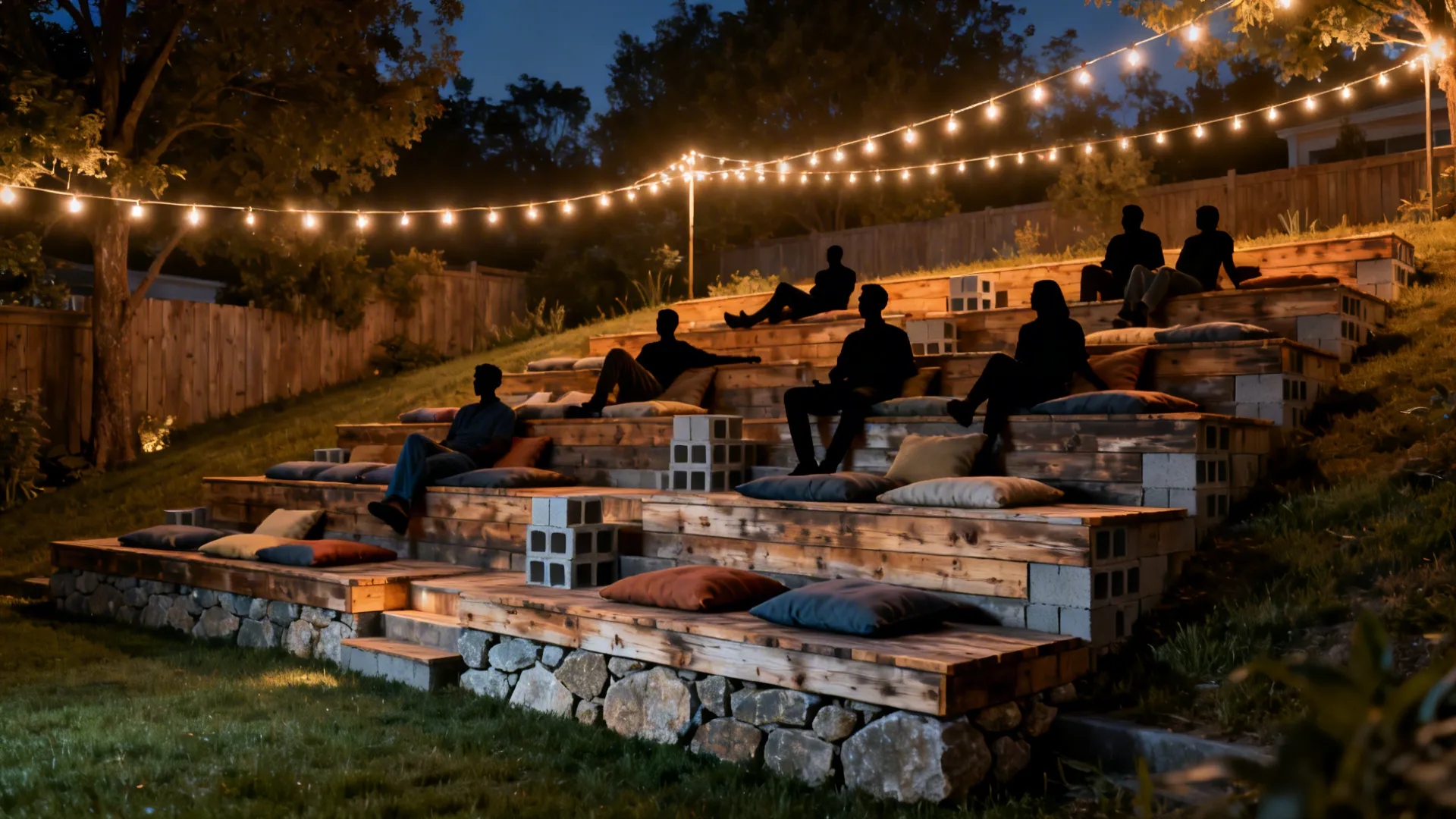 Amphitheater-style stepped seating on a slope using reclaimed timber and cinder blocks with cushions.