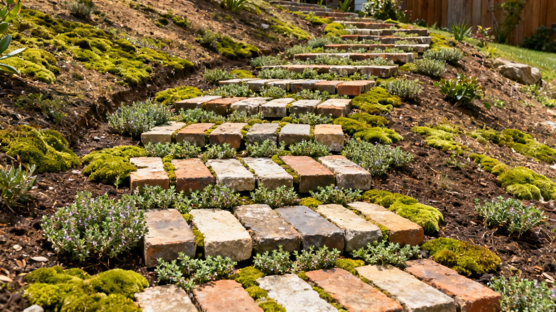 Staggered stepping-stone path on a slope with thyme and Irish moss between reclaimed pavers