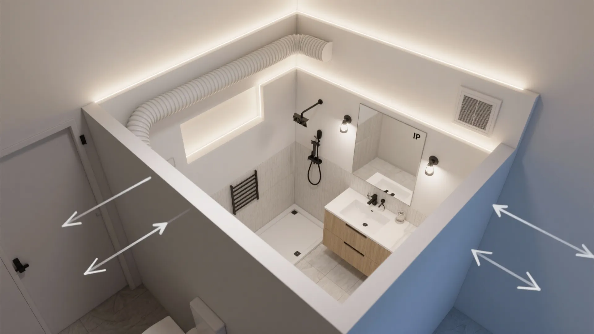 Top view interior design drawing of modern bathroom with shower sink mirror and white walls