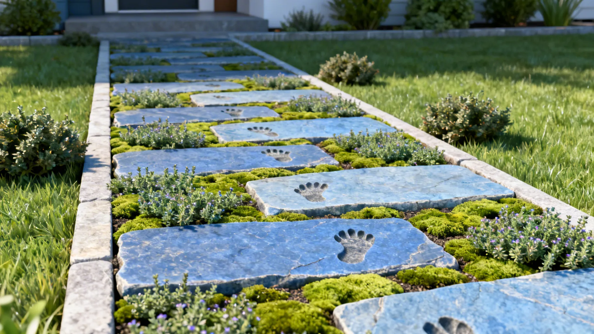 Bluestone stepping-stone path with thyme and Irish moss between pavers in a small yard