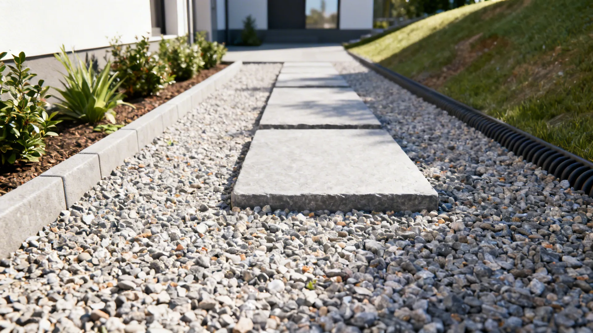 Stepping-stone path through a narrow front yard framed by gravel and low plants.