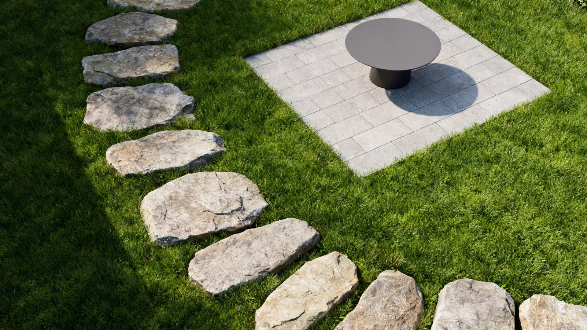 Top-down view of stepping-stone path with green lawn leading to a mini paved seating pad