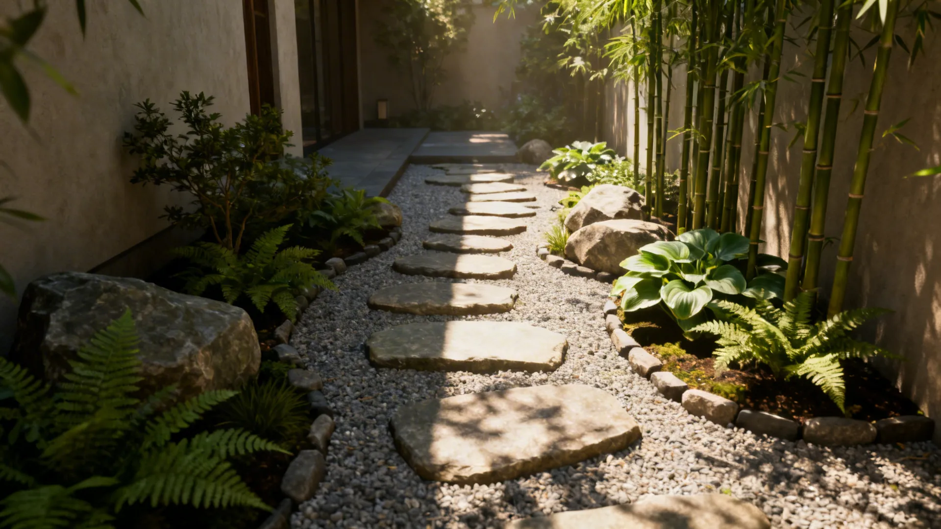 Narrow courtyard with stepping stones and pocket plantings of ferns and dwarf bamboo.
