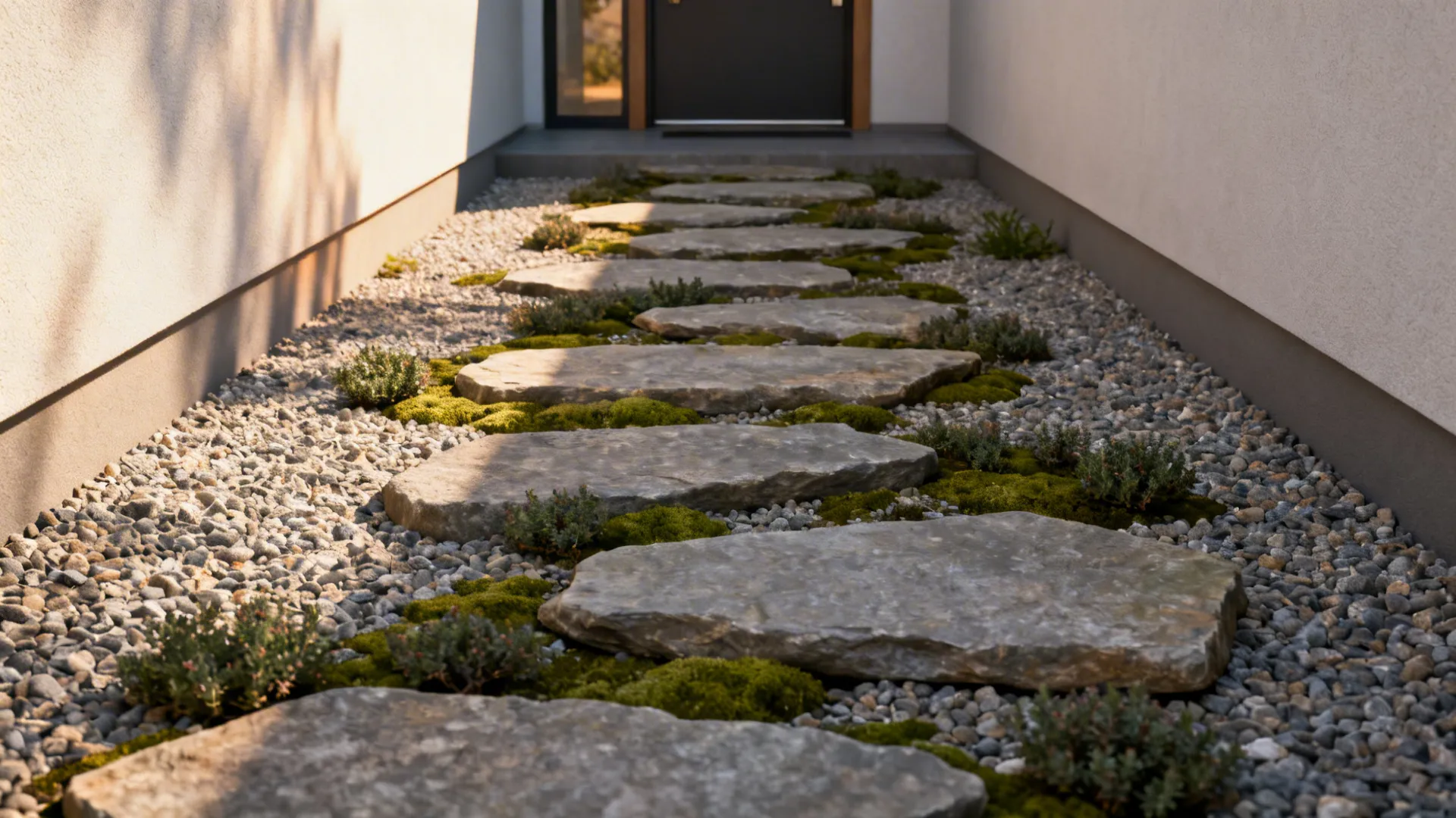 Irregular stepping stones in gravel with low groundcover between stones in a narrow yard.