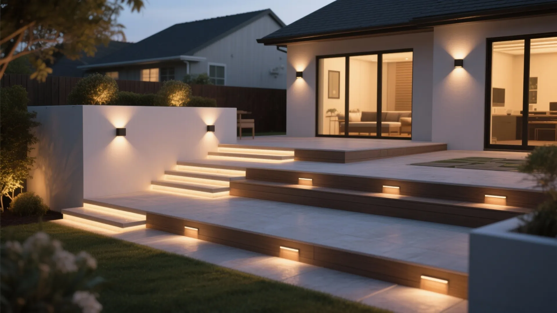 Modern outdoor garden steps with integrated warm light fixtures and white walls at evening time