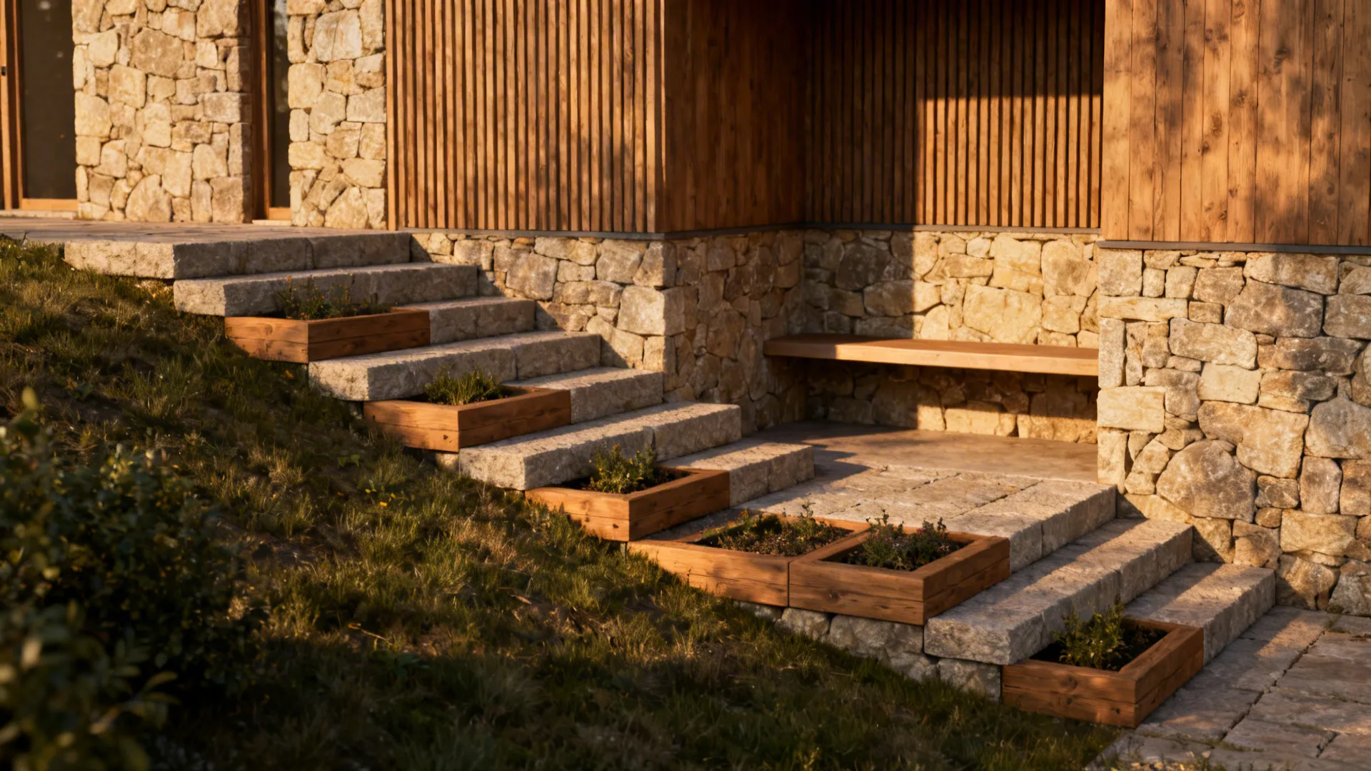 Stone steps up a slope with a seating niche and bench surrounded by plantings.