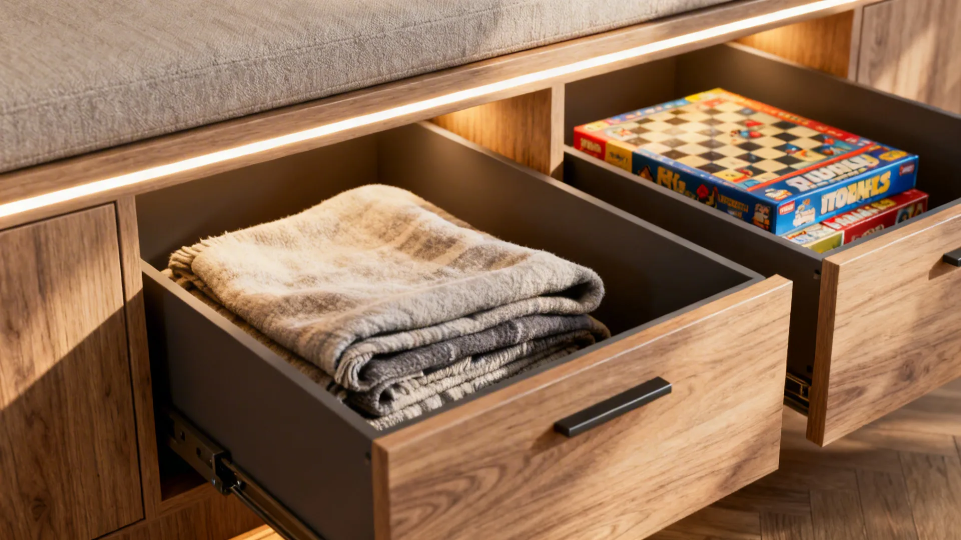 Built-in bench seating with shallow drawers under steps revealing storage for blankets and games.