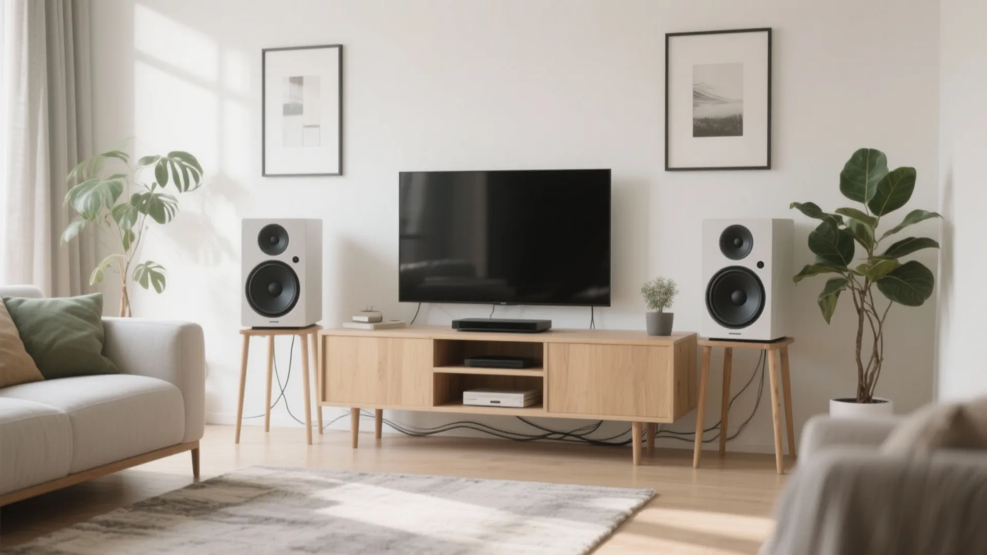 Stereo pair of compact smart speakers on low stands in a minimal living area with soft daylight.