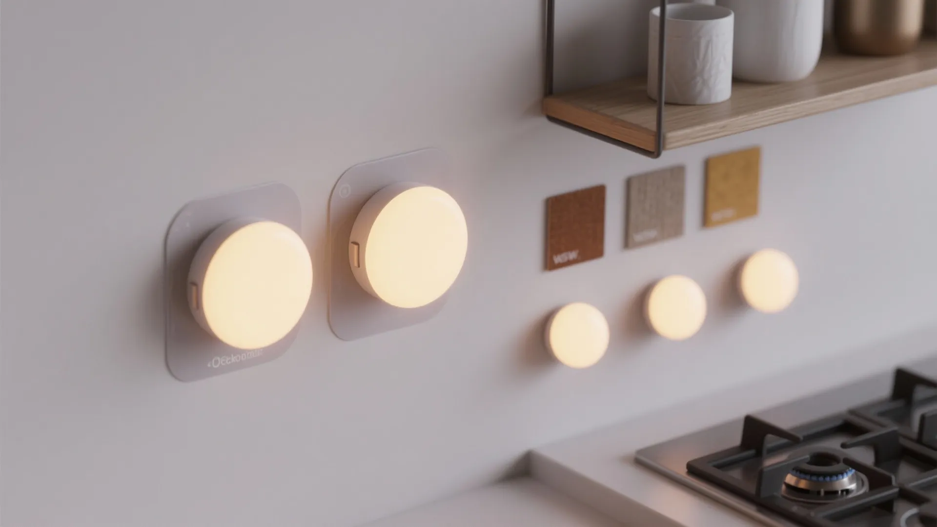 Flatlay of stick-on LED puck sconces with adhesive backs and warm light samples on material swatches