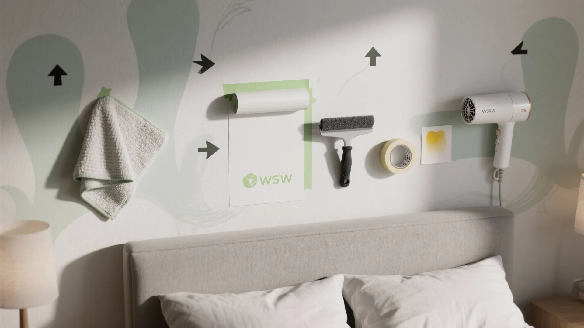 Top-down tools for applying peel-and-stick wall decals arranged in a step-by-step sequence.