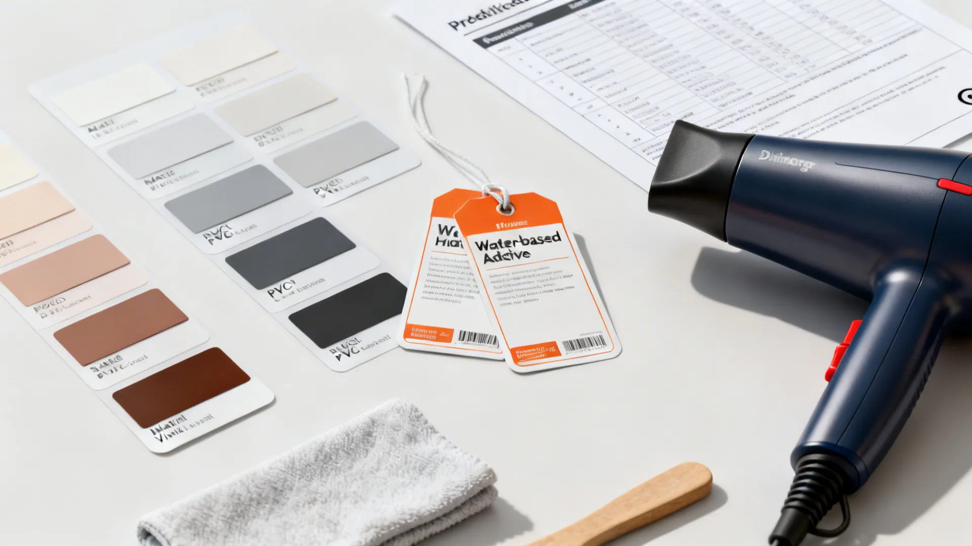 Close-up of sticker material swatches, tools, and PVC-free labels for dining room decal guidance.