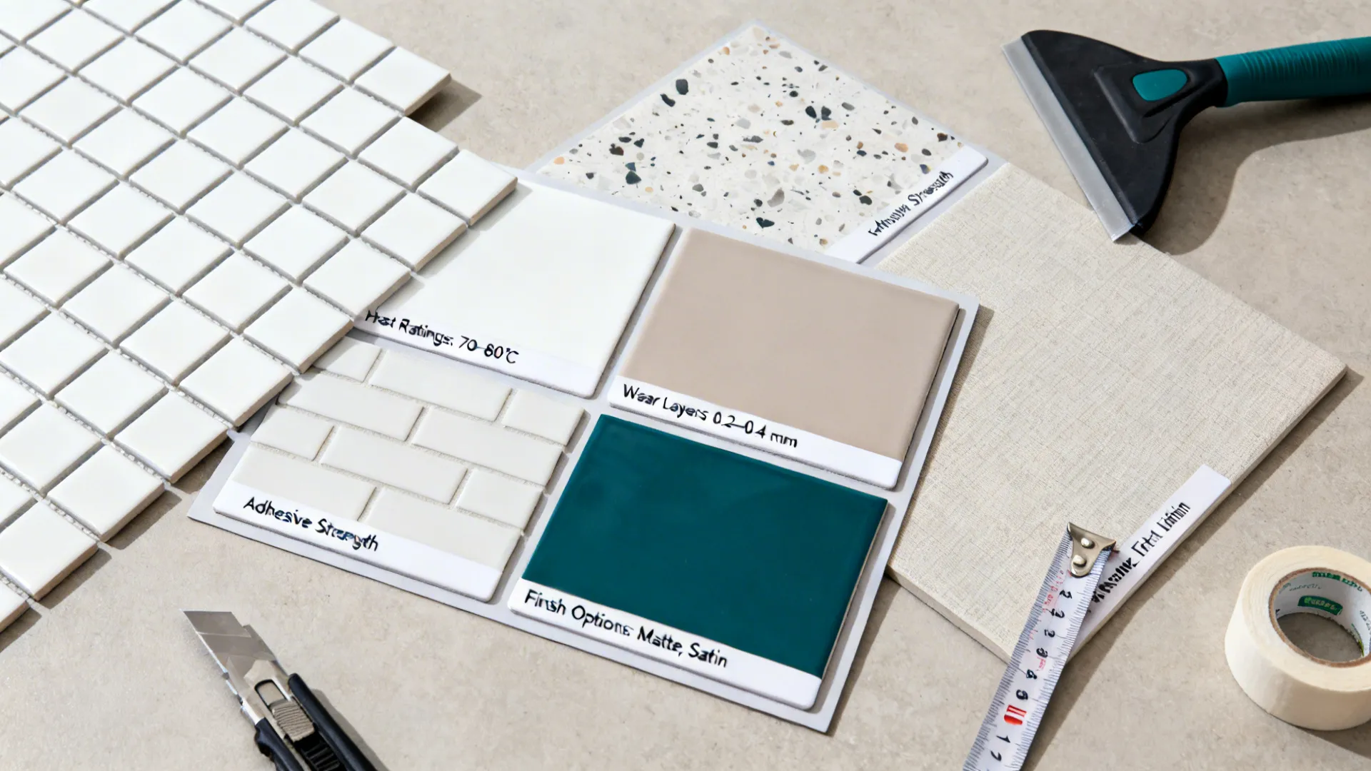 Top‑down flat lay of kitchen tile sticker samples with tools in soft daylight.