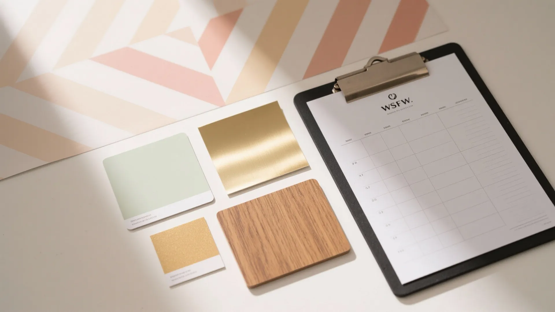 Flat-lay of decal samples—geometric vinyl, gradient mural, metallic strip, faux wood panel, and planner sheet