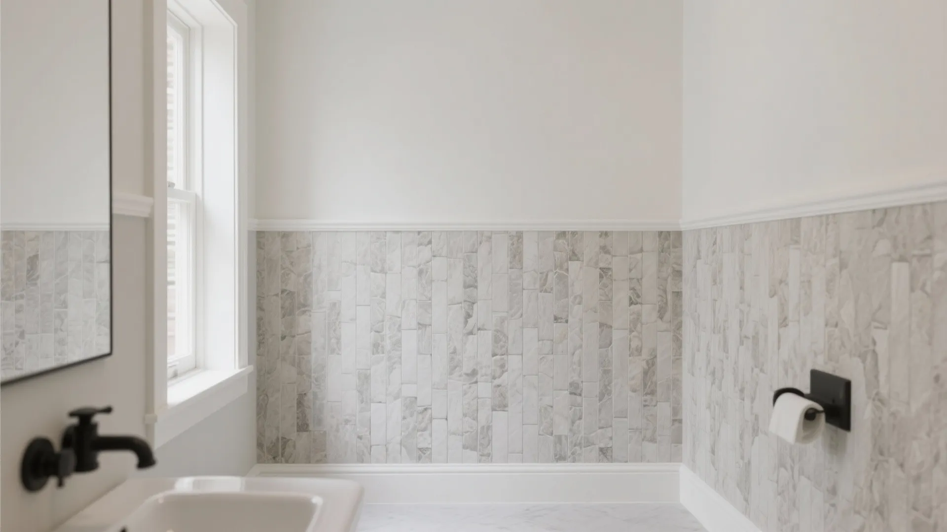 Modern bathroom corner with white walls grey textured wall panel white sink and black tap