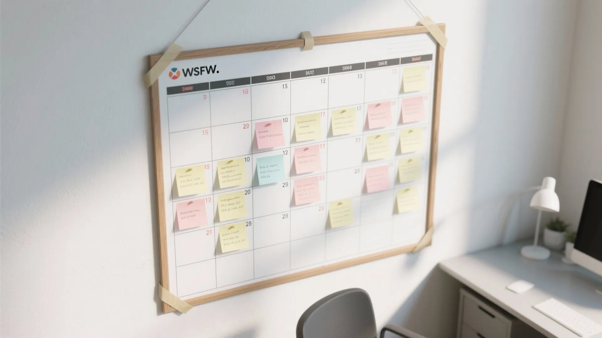 Whiteboard wall calendar with small sticky notes on dates above a desk with a lamp