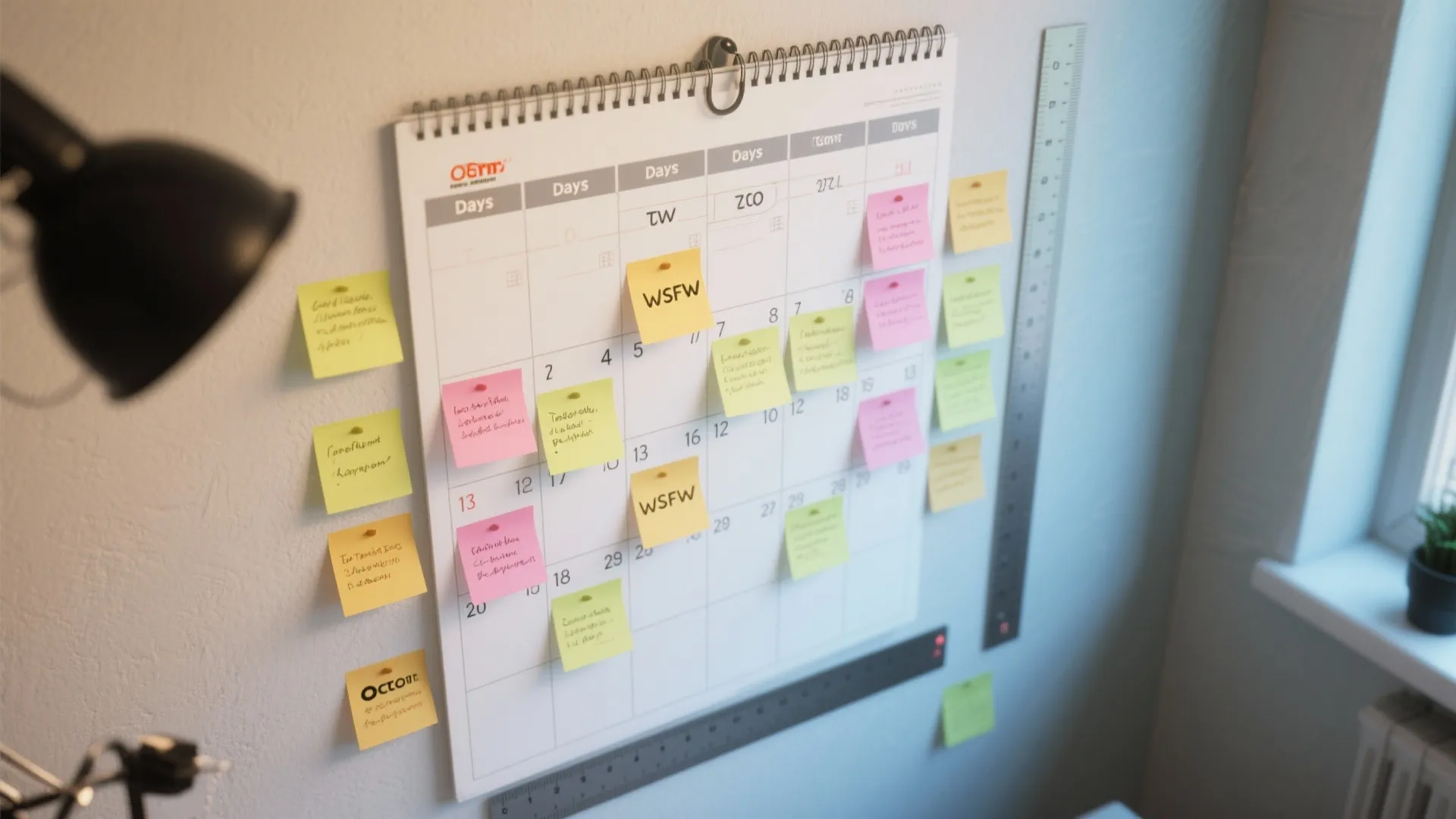 Wall calendar with many colorful sticky notes attached and a black desk lamp nearby indoors