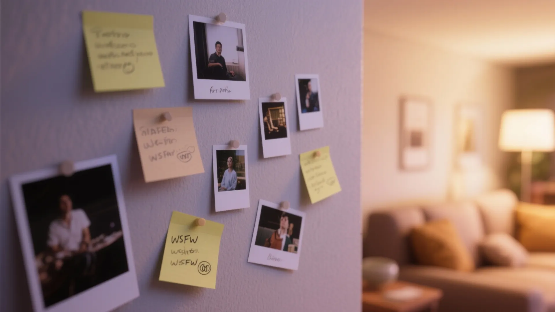 Close up of small instant photos and yellow notes pinned on a wall at home