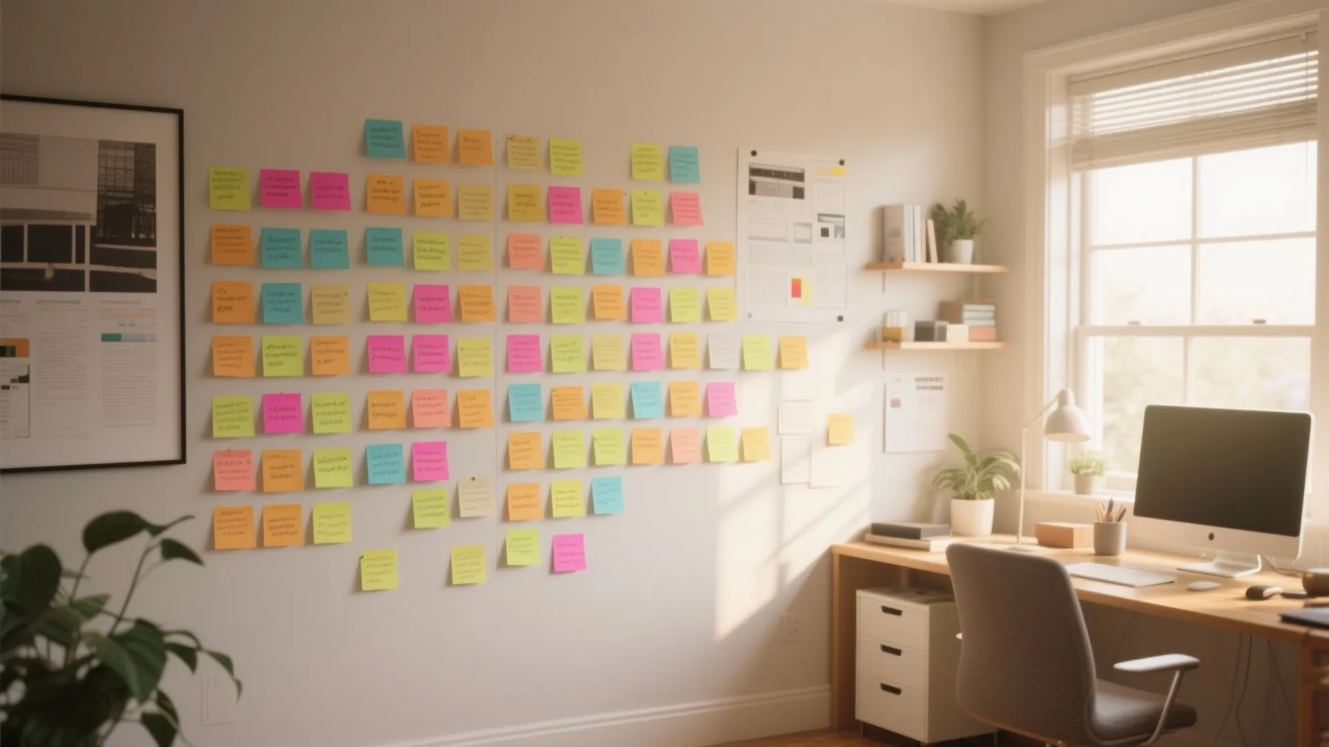 Home office with many colorful sticky notes on the wall next to a wooden desk