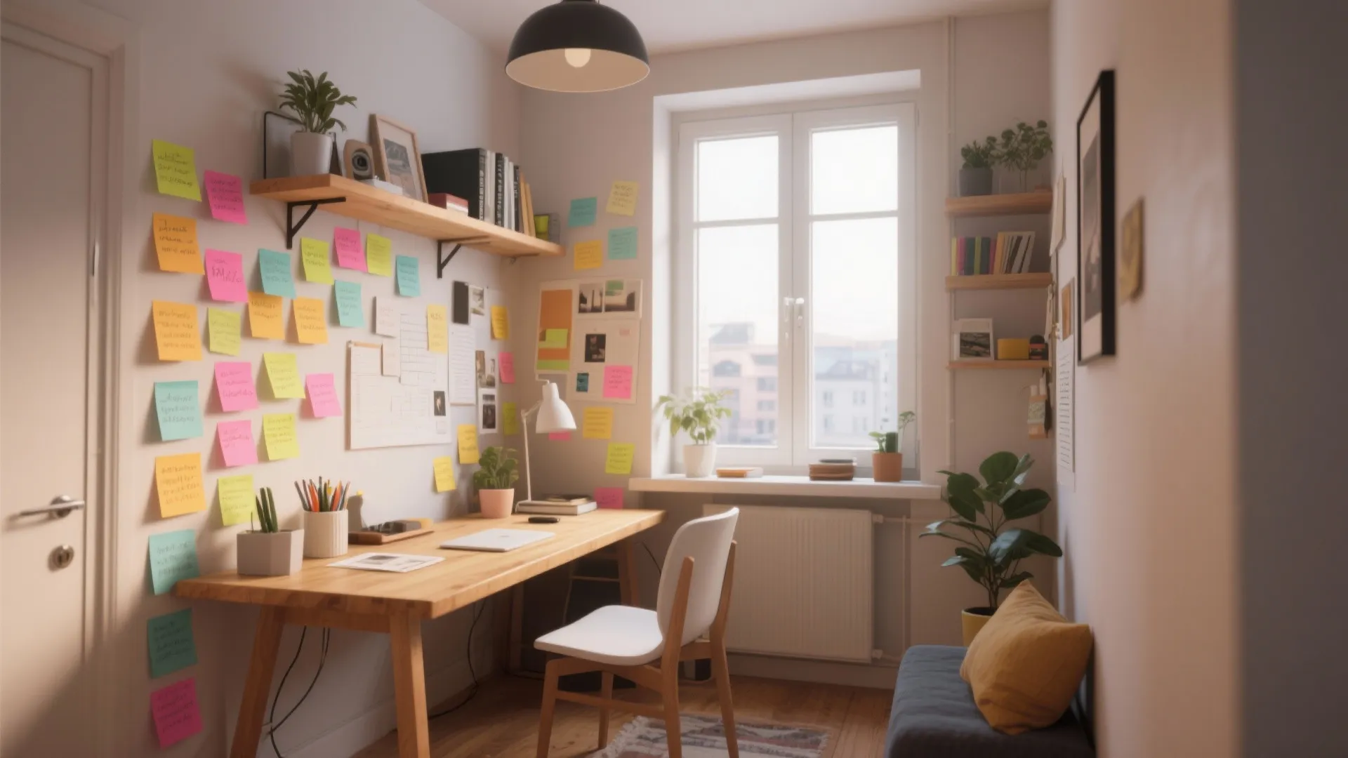 Bright home office with wooden desk white chair and many colorful notes on the wall