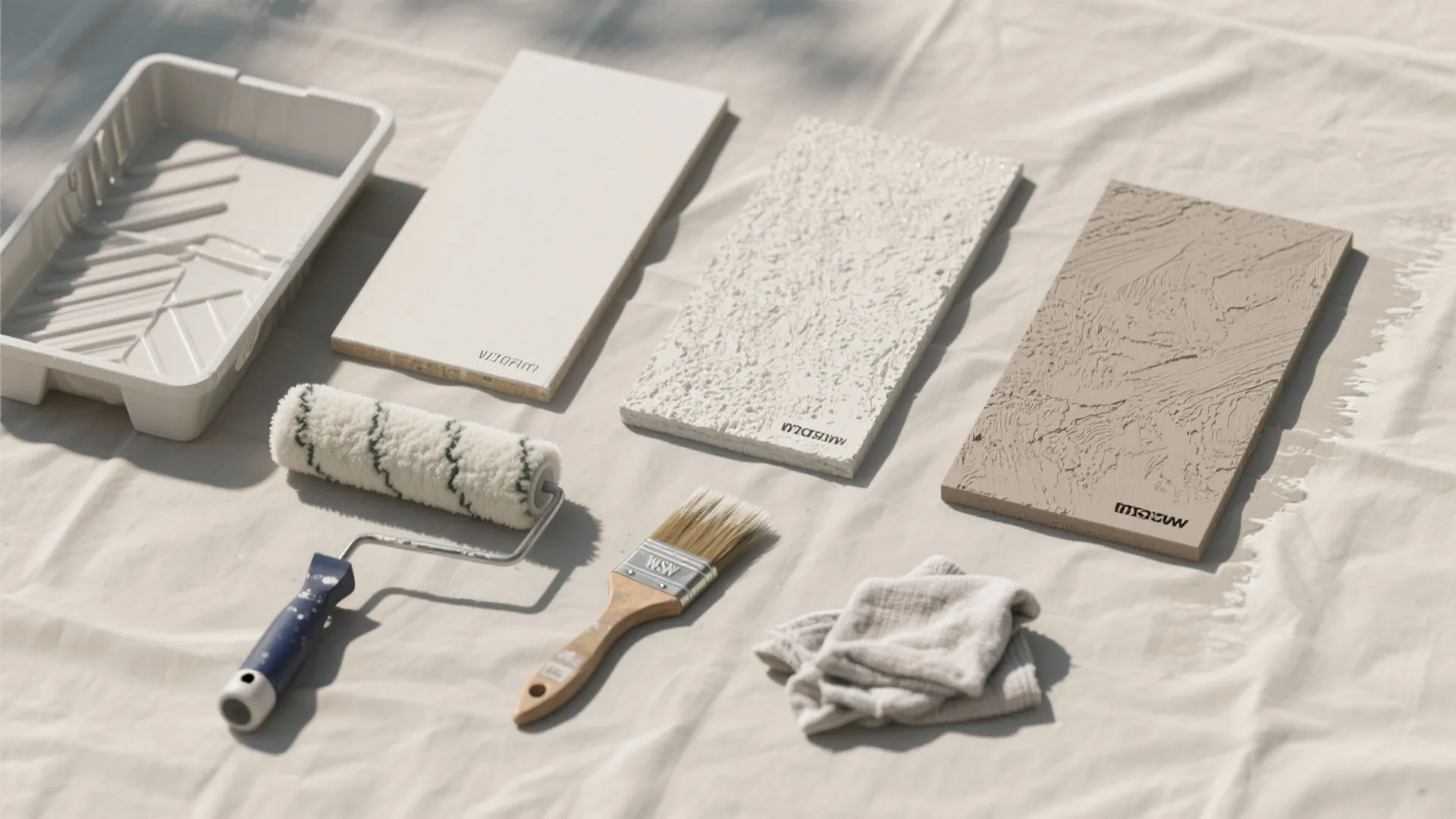Painting tools including tray roller brush cloth and three textured wall boards on a cloth