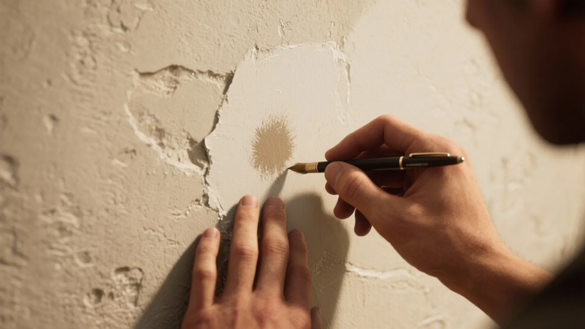 Close-up of stippling with a small dry brush over a touch-up dab to match textured plaster.