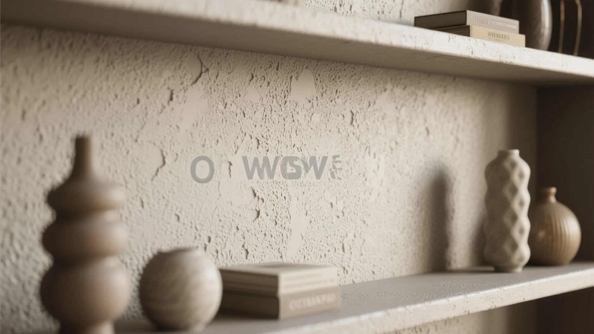 Close up of a textured beige wall with white shelves holding books and various decorative vases