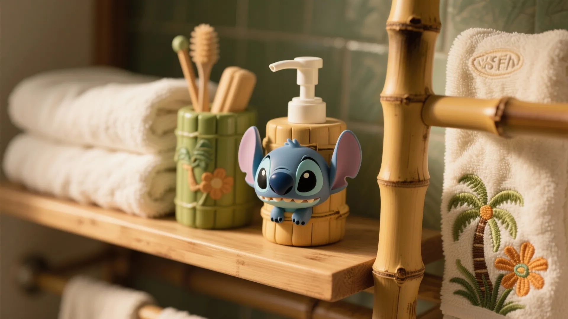 Bamboo bathroom shelf with character soap dispenser wooden toothbrush holder and white towels with palms