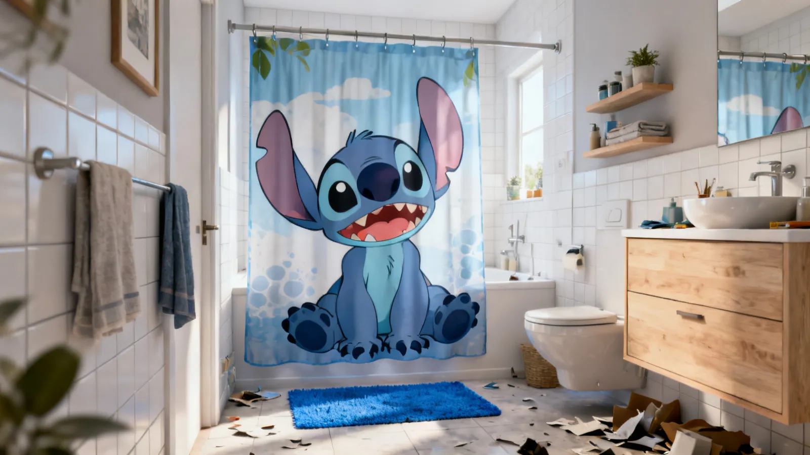 Bathroom decorated with Stitch themed shower curtain and blue accessories