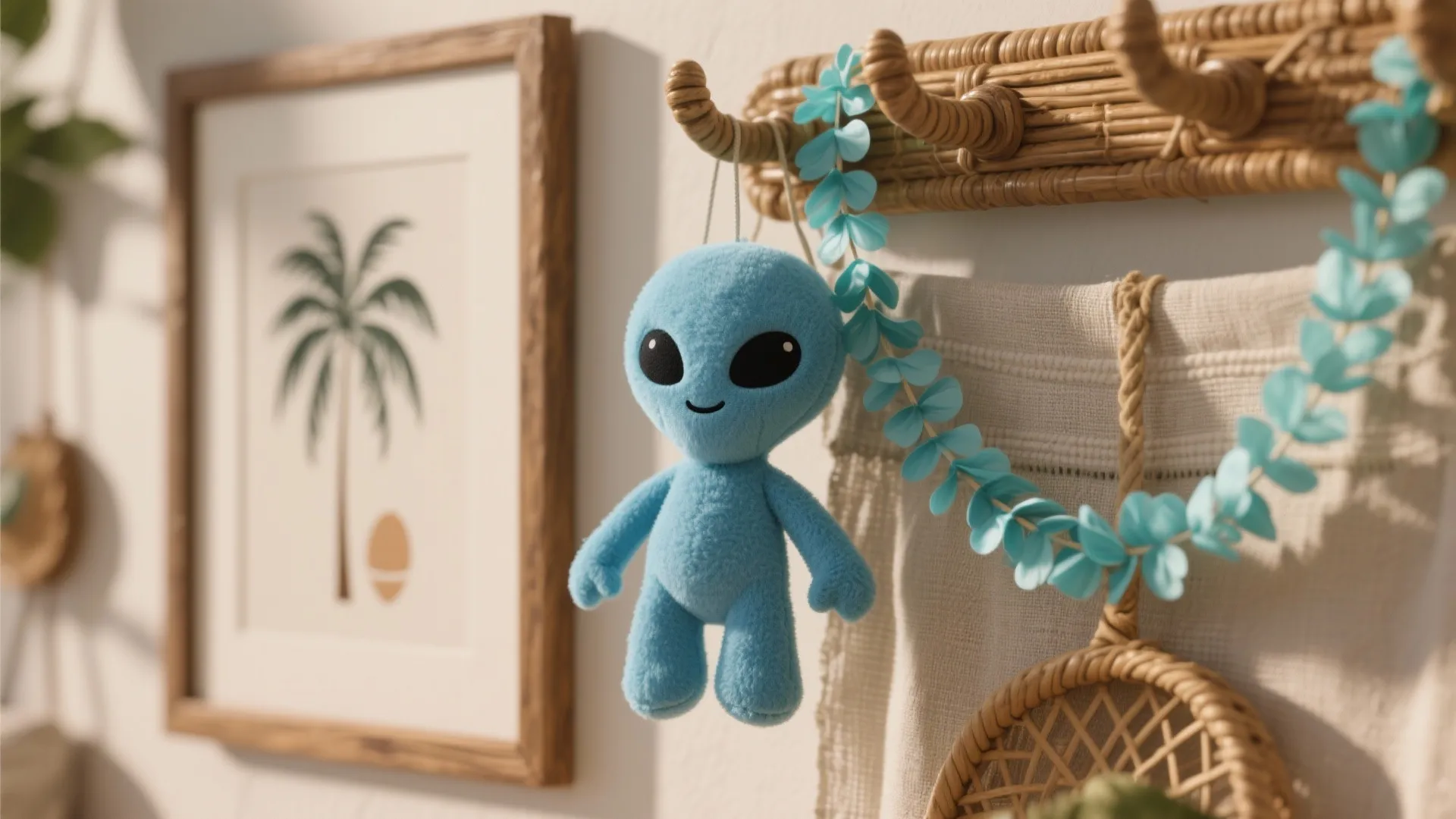 Close-up of a plush blue alien toy, framed tropical print, and a leis-inspired garland on rattan.