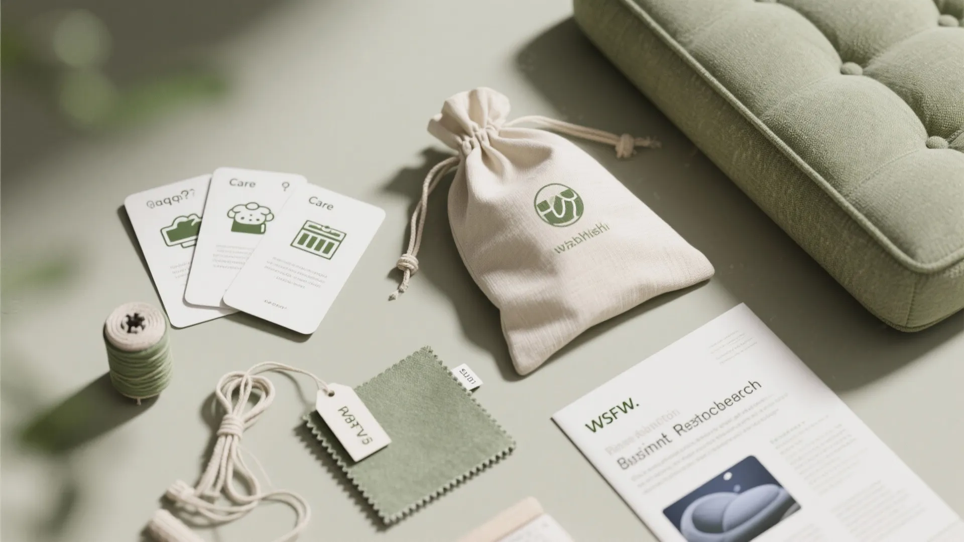 Green and white fabric samples with a small bag and cards for interior design planning