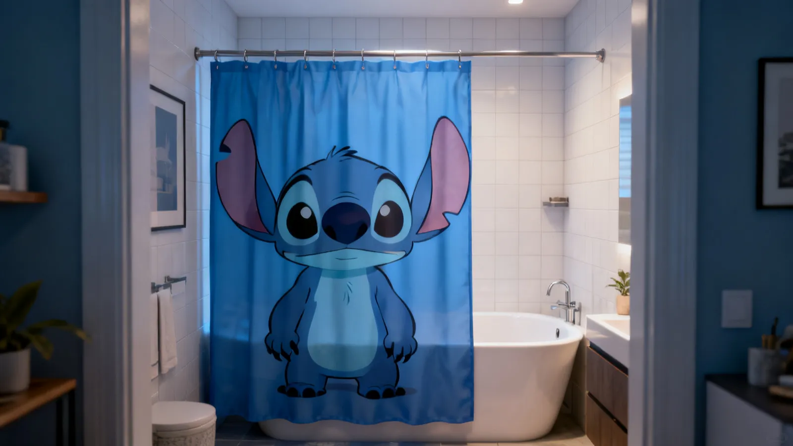 Blue Stitch shower curtain as the focal point in a small bathroom