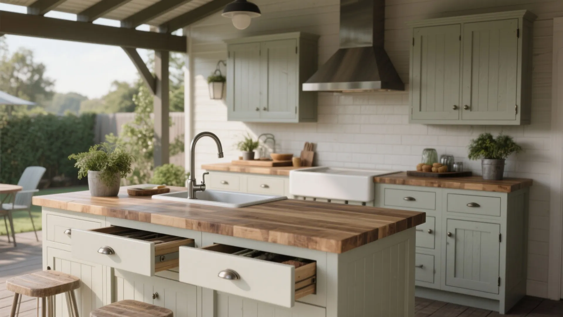 Outdoor kitchen with green cabinets wooden countertop white sink and open drawers on a patio