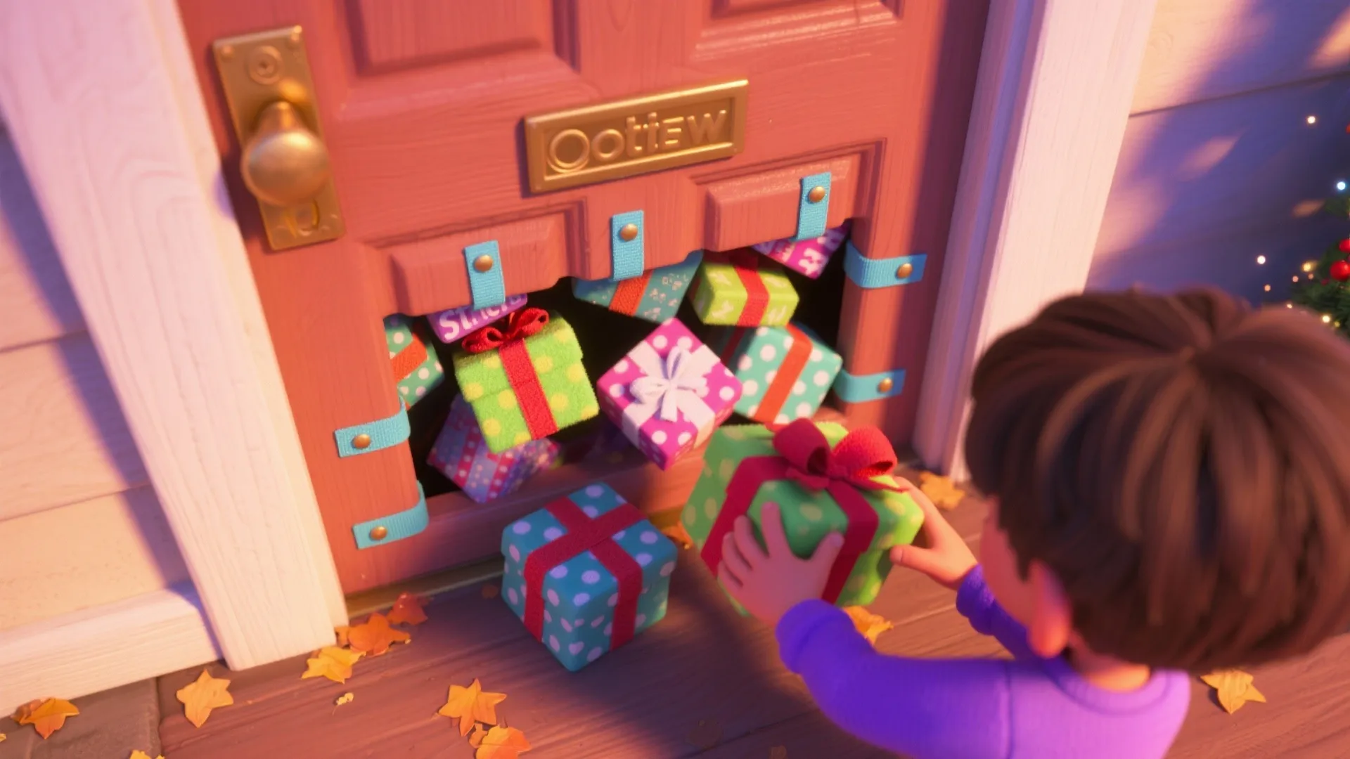 Child reaching for colorful gift boxes scattered under a wooden door during a holiday scene